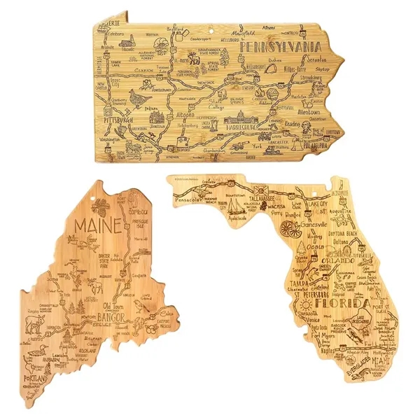 Bamboo serving/cutting board in the shape of USA destinations.... from ASI 88060 Snugz/USA Inc