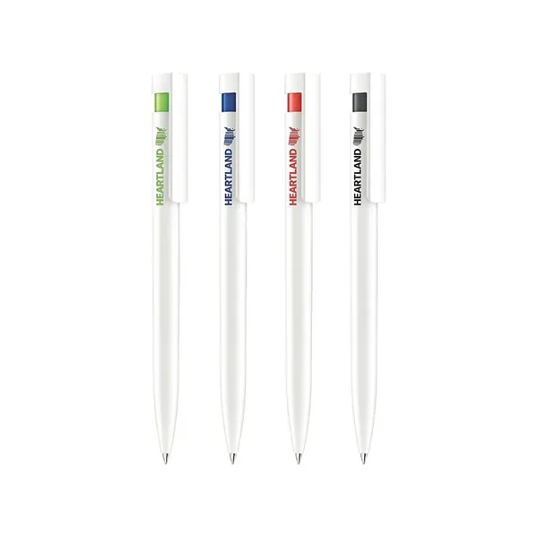 Plastic plunger action ballpoint pen with glossy opaque barrel and pocket... from ASI 68507 The Magnet Group / Castelli
