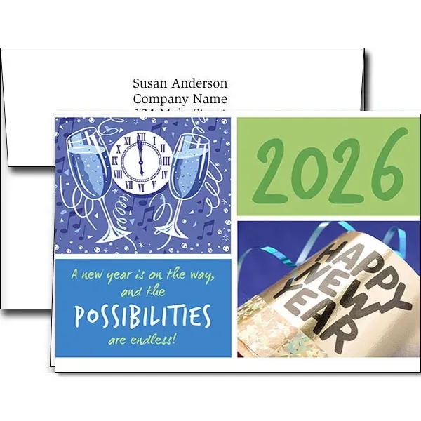 New Years greeting cards with fireworks design... from ASI 46719 Corner Lot Marketing Inc / CLMPromotions