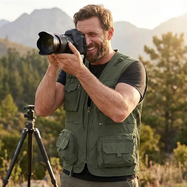 Breathable fishing vest with stowable back panel, multi-pocket design, and heat-transfer... from ASI 72657 Active Life Promo / Active Life