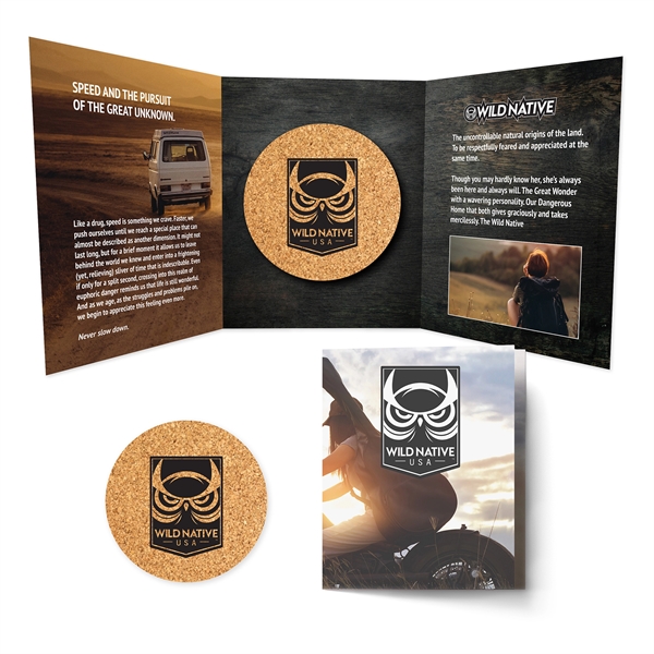 Customizable 4.04" x 5.231" double-fold booklet with round 3.75" cork drink... from ASI 90807 Tekweld