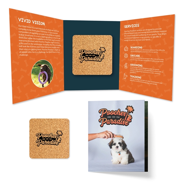 Customizable 4.04" x 5.231" double-fold booklet with round 3.75" cork drink... from ASI 90807 Tekweld