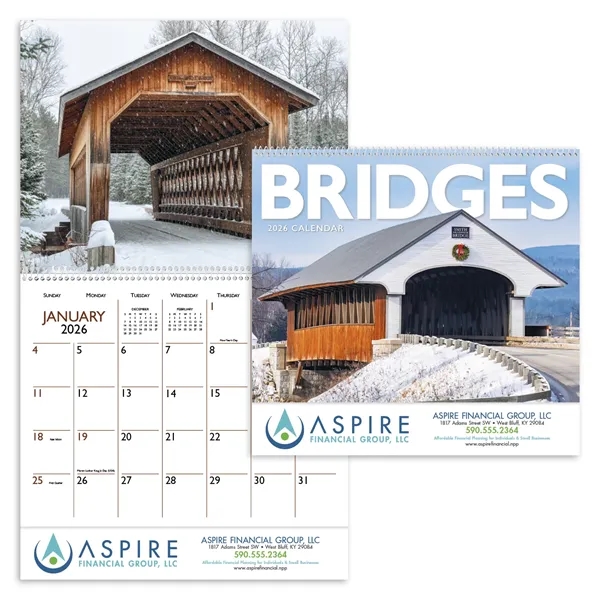 11 x 19 Bridges 2024 spiral-bound wall calendar on 70# glossy... from ASI 40480 Koozie Group / Norwood Triumph Calendar