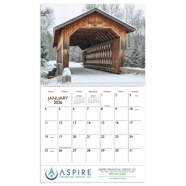 11 x 19 Bridges 2024 spiral-bound wall calendar on 70# glossy... from ASI 40480 Koozie Group / Norwood Triumph Calendar