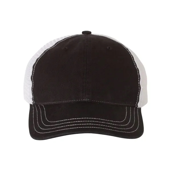 Washed trucker cap with a cotton front, mesh back, snapback closure,... from ASI 84358 S&S Activewear
