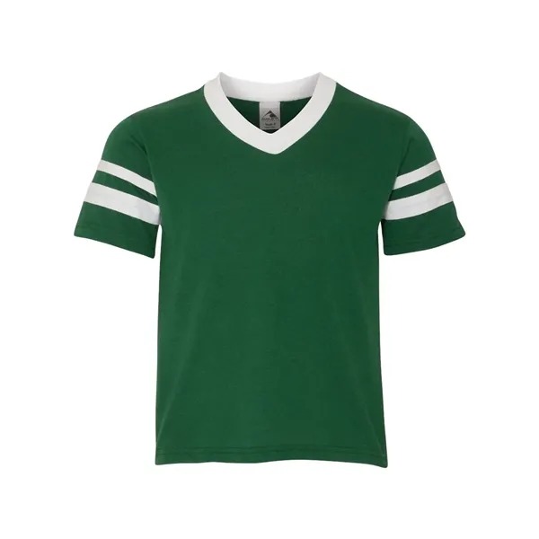 Youth V-neck jersey with striped sleeves featuring double-needle stitching and contrast... from ASI 84358 S&S Activewear