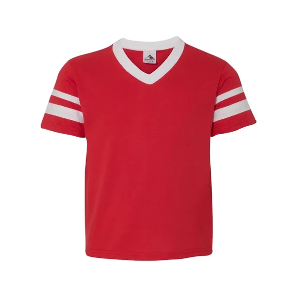 Youth V-neck jersey with striped sleeves featuring double-needle stitching and contrast... from ASI 84358 S&S Activewear