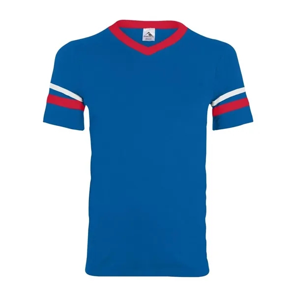 Youth V-neck jersey with striped sleeves featuring double-needle stitching and contrast... from ASI 84358 S&S Activewear