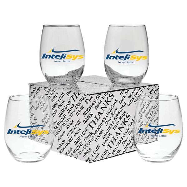 Set of four, 15 oz. stemless wine glasses in a "thank... from ASI 71920 Moderne Glass Company Inc / Glass America®