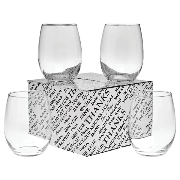 Set of four, 15 oz. stemless wine glasses in a "thank... from ASI 71920 Moderne Glass Company Inc / Glass America®