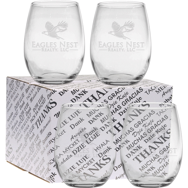 Set of four, 15 oz. stemless wine glasses in a "thank... from ASI 71920 Moderne Glass Company Inc / Glass America®