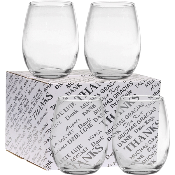 Set of four, 15 oz. stemless wine glasses in a "thank... from ASI 71920 Moderne Glass Company Inc / Glass America®