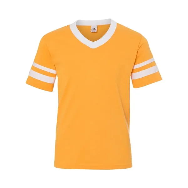 Youth V-neck jersey with striped sleeves featuring double-needle stitching and contrast... from ASI 84358 S&S Activewear