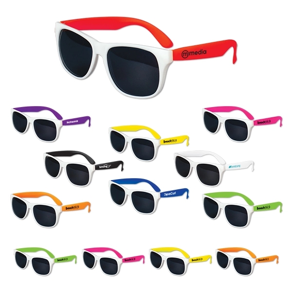 Plastic sunglasses with white frames, colorful stems and UV400 protecting lenses.... from ASI 98360 WOWLine / WOWLine®