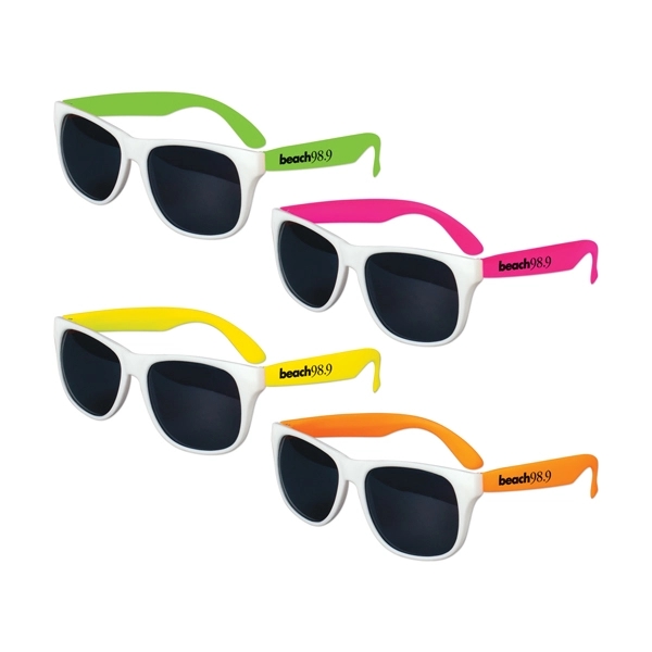 Plastic sunglasses with white frames, colorful stems and UV400 protecting lenses.... from ASI 98360 WOWLine / WOWLine®