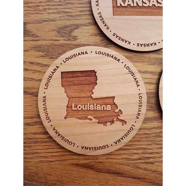 3.5" round wooden coasters with State of Louisiana shape in the... from ASI 92531 Unique Custom Products / UCP