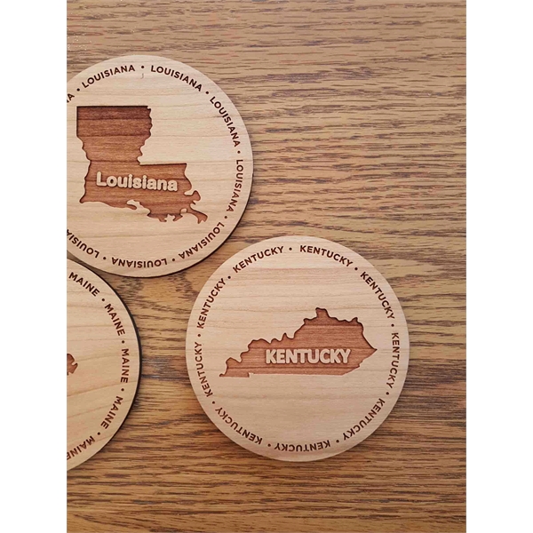3.5" round wooden coasters with State of Kentucky shape in the... from ASI 92531 Unique Custom Products / UCP
