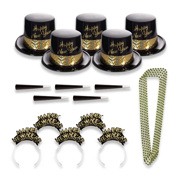 Gold and black colored New Year's Eve party kit for 50... from ASI 42016 Brighter Promotions Inc