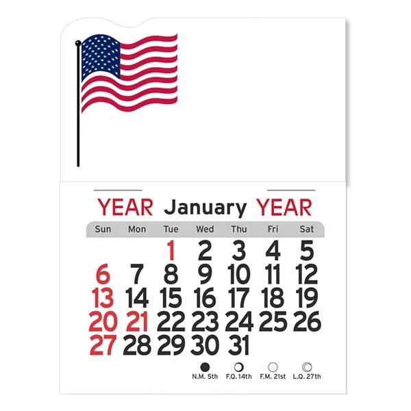 American Flag-shaped 4"H x 3"W Peel-N-Stick® white vinyl 12-month calendars with... from ASI 54040 Fey Promo / Fey Calendar Impressions