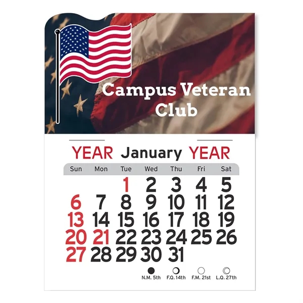 American Flag-shaped 4"H x 3"W Peel-N-Stick® white vinyl 12-month calendars with... from ASI 54040 Fey Promo / Fey Calendar Impressions