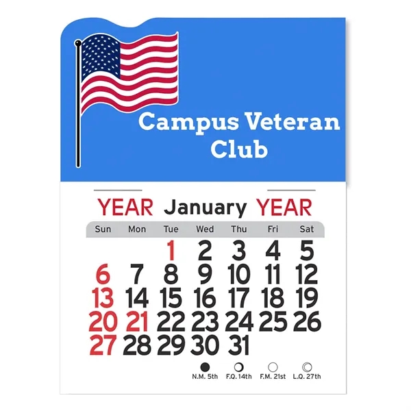 American Flag-shaped 4"H x 3"W Peel-N-Stick® white vinyl 12-month calendars with... from ASI 54040 Fey Promo / Fey Calendar Impressions