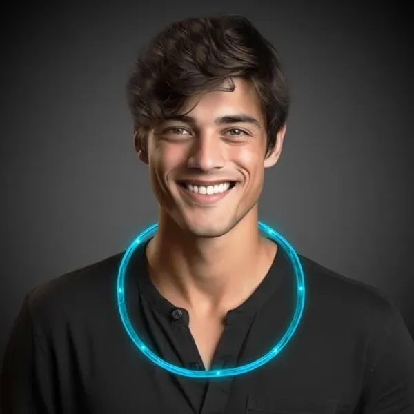 Made with blue plastic each led necklace features blue LED fiber... from ASI 42016 Brighter Promotions Inc