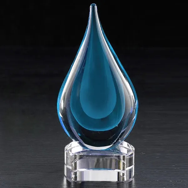 6.75" x 3.25" x 2.75" raindrop inspired glass award with blue... from ASI 68507 The Magnet Group / Benchmark Crystal & Clocks