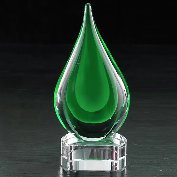 6.75" x 3.25" x 2.75" raindrop inspired glass award with blue... from ASI 68507 The Magnet Group / Benchmark Crystal & Clocks