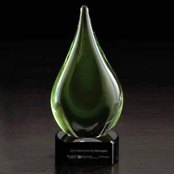 6.75" x 3.25" x 2.75" raindrop inspired glass award with black... from ASI 68507 The Magnet Group / Benchmark Crystal & Clocks