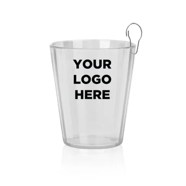 Clear plastic 2 ounce shot glass on J-hook for hanging from... from ASI 42016 Brighter Promotions Inc