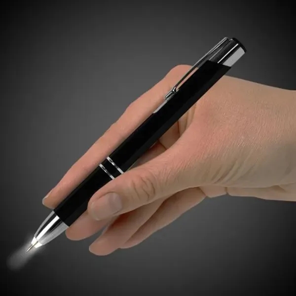 Black metallic ballpoint pen with a LED light-up tip.... from ASI 42016 Brighter Promotions Inc