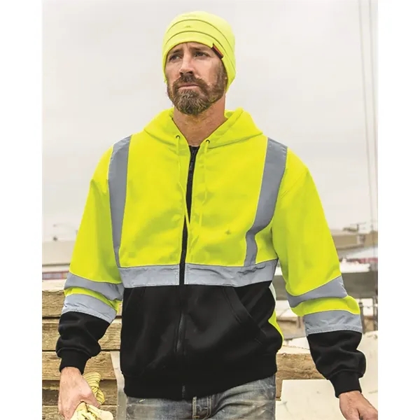 Hi-Vis hooded full-zip sweatshirt with lower outside slash pockets. Blank product.... from ASI 84358 S&S Activewear
