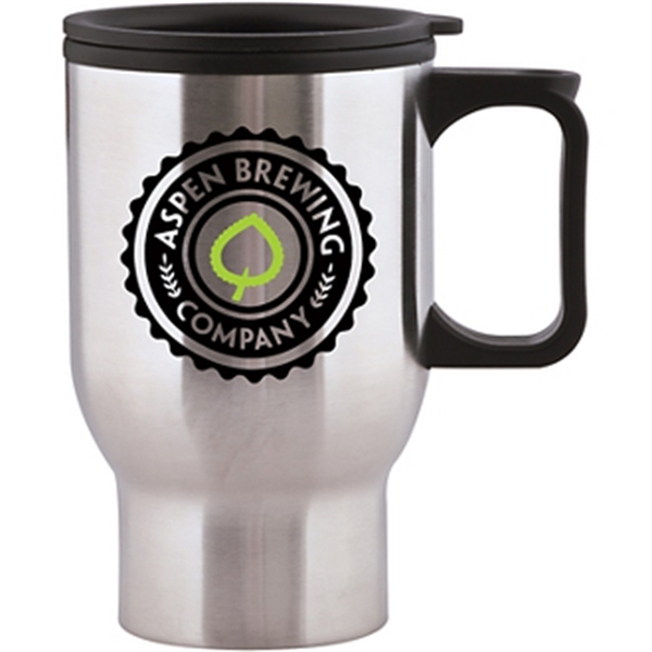 15 ounce stainless steel insulated mug with plastic liner, thumb-slide lid... from ASI 57653 Gold Bond