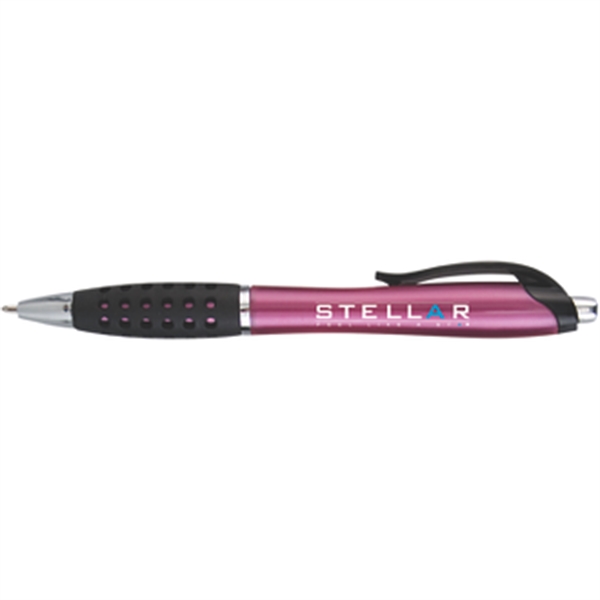 Plunger-action pen with curved pocket clip, dimpled black rubber grip section,... from ASI 57653 Gold Bond