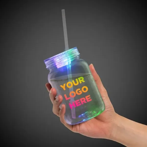 20 ounce plastic mason jar with LED light, screw-on lid and... from ASI 42016 Brighter Promotions Inc