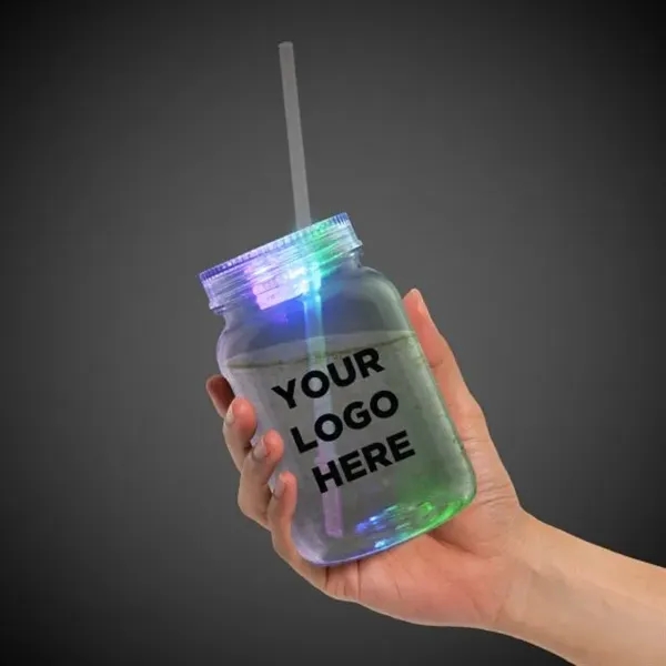 20 ounce plastic mason jar with LED light, screw-on lid and... from ASI 42016 Brighter Promotions Inc