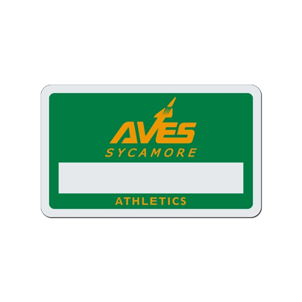 White lightweight plastic badge with safety pin or magnet backing, optional... from ASI 77280 Pepco Poms / Pepco Poms