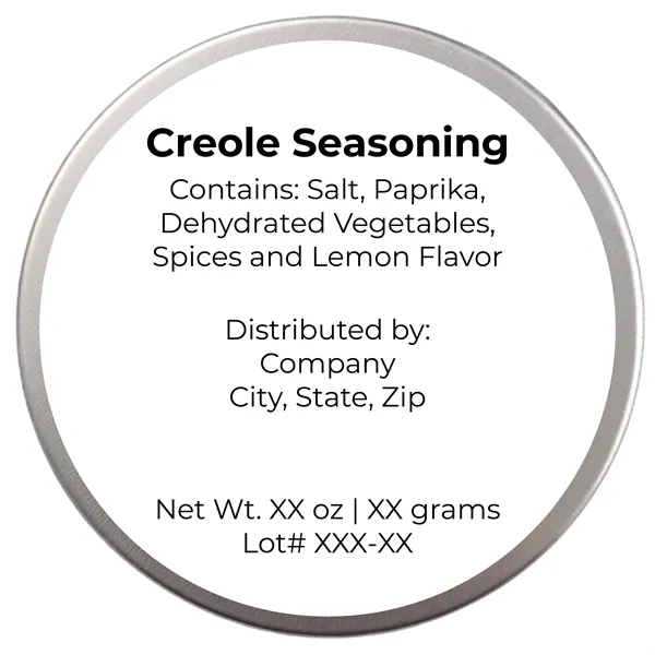 Four ounce gift tin with color label filled with polybagged creole... from ASI 74601 Calico
