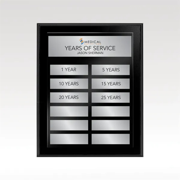 Modern black-finished wood perpetual plaque for ongoing employee recognition, offered in... from ASI 93986 Visions/Awardcraft