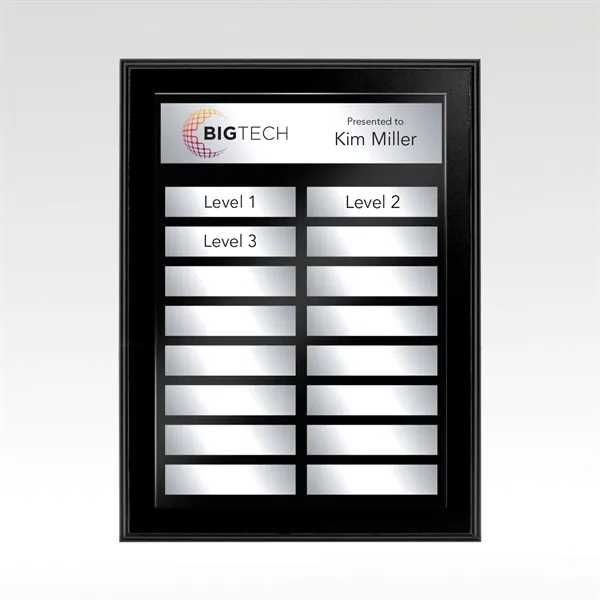 Modern black-finished wood perpetual plaque for ongoing employee recognition, offered in... from ASI 93986 Visions/Awardcraft