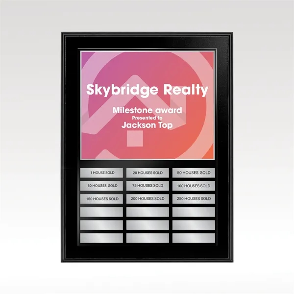 Modern black-finished wood perpetual plaque for ongoing employee recognition, offered in... from ASI 93986 Visions/Awardcraft