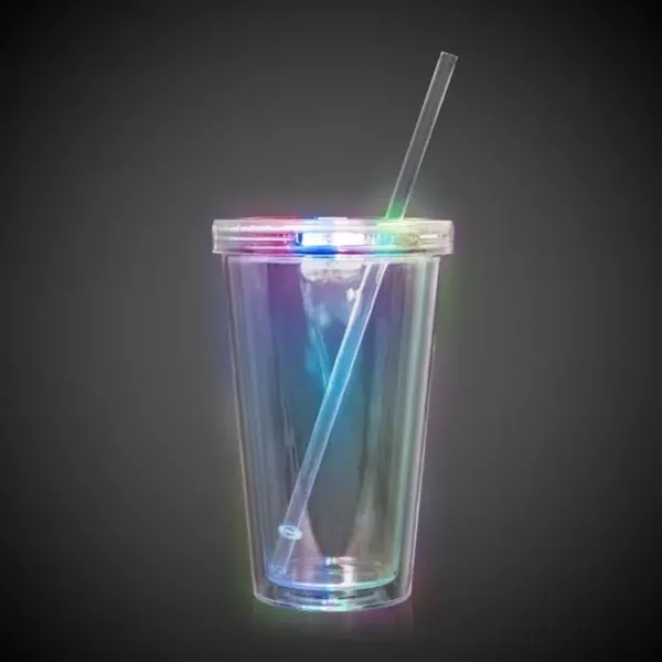 Clear plastic, double-walled travel cup with lid, straw and built-in LED... from ASI 42016 Brighter Promotions Inc