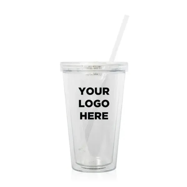 Clear plastic, double-walled travel cup with lid, straw and built-in LED... from ASI 42016 Brighter Promotions Inc