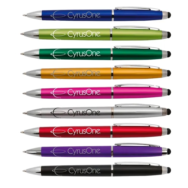 Twist action plastic pen and stylus with silver trim.... from ASI 42920 Busrel Inc