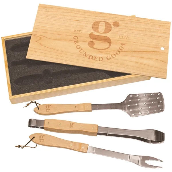 Three-piece barbecue stainless steel and oak BBQ set with fork, spatula... from ASI 74601 Calico