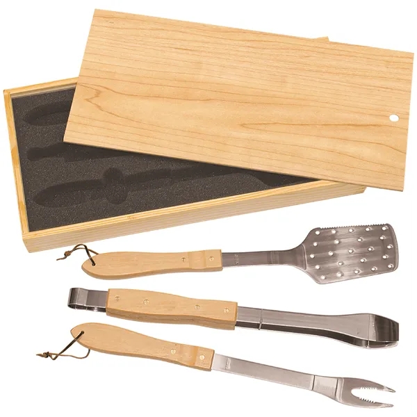 Three-piece barbecue stainless steel and oak BBQ set with fork, spatula... from ASI 74601 Calico