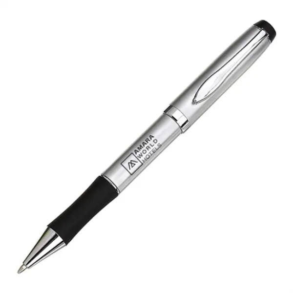 Metal twist-action ballpoint pen with chrome trim and real rubber grip.... from ASI 84592 St Regis Group
