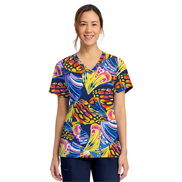 Cherokee - Genuine - Women's 2-Pocket Print V-Neck Scrub Top... from ASI 86018 Scrub Authority
