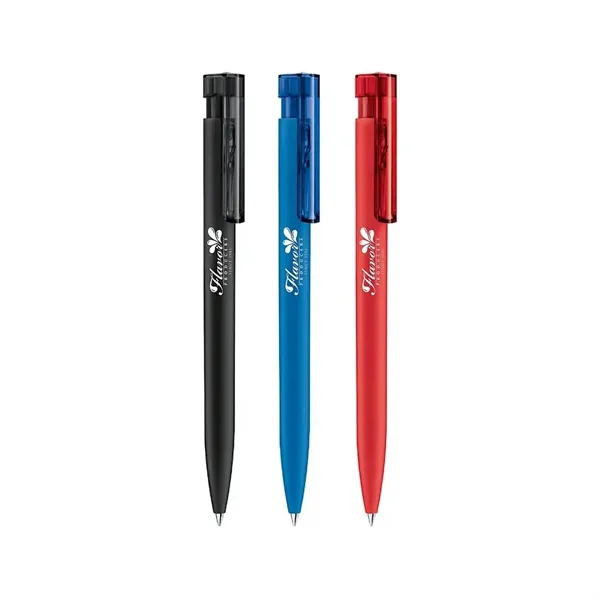 Soft touch plunger action ballpoint with glossy transparent barrel and pocket... from ASI 68507 The Magnet Group / Castelli