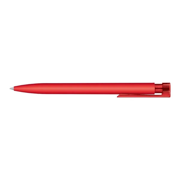 Soft touch plunger action ballpoint with glossy transparent barrel and pocket... from ASI 68507 The Magnet Group / Castelli
